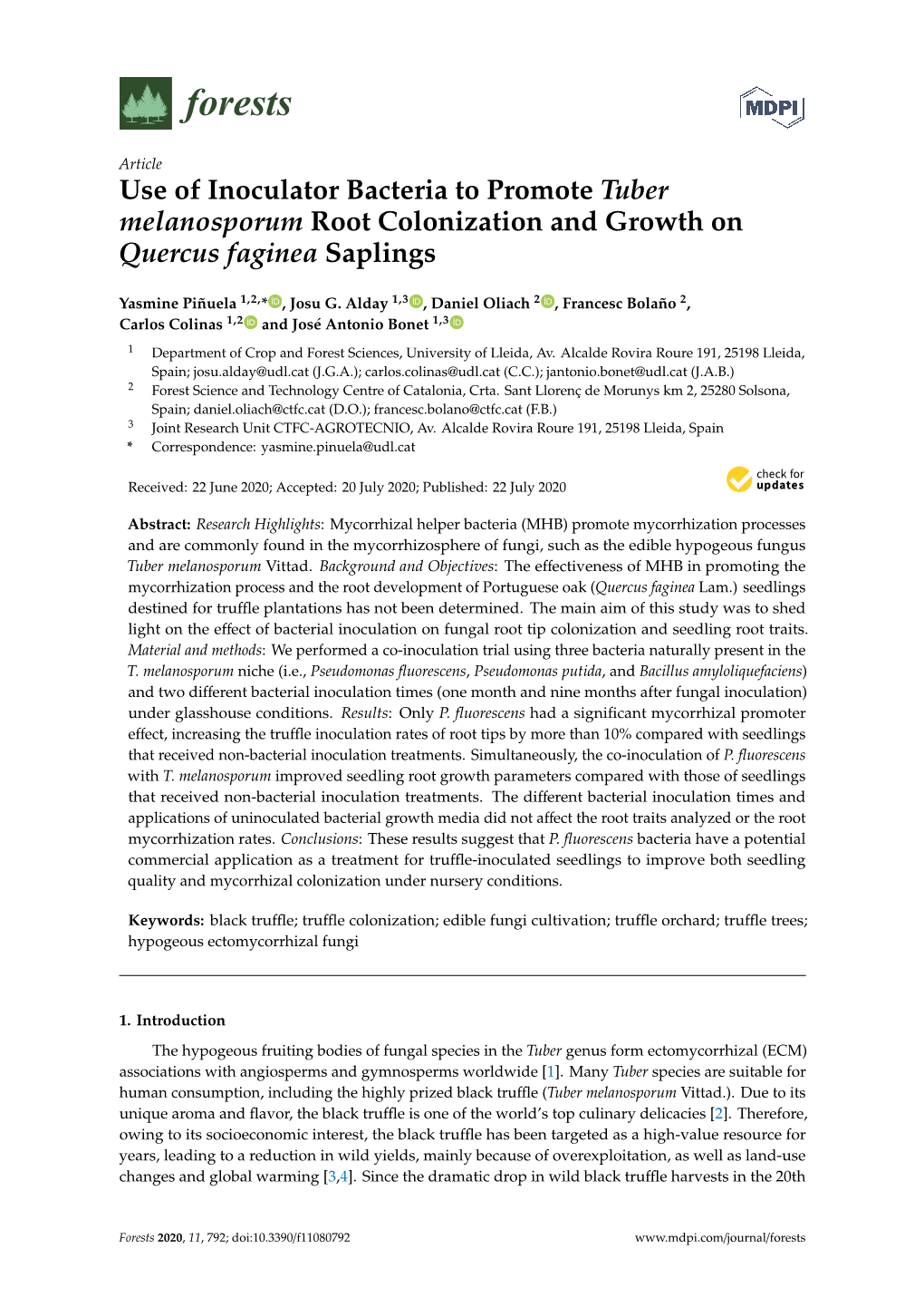 Use of Inoculator Bacteria to Promote Tuber Melanosporum Root Colonization and Growth on Quercus Faginea Saplings