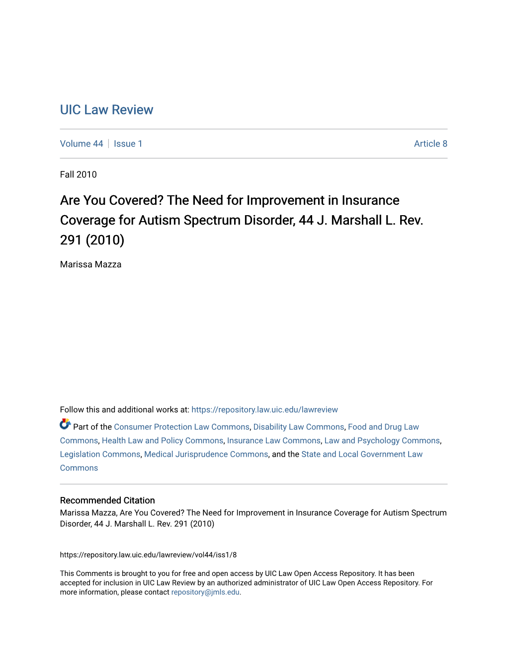 The Need for Improvement in Insurance Coverage for Autism Spectrum Disorder, 44 J