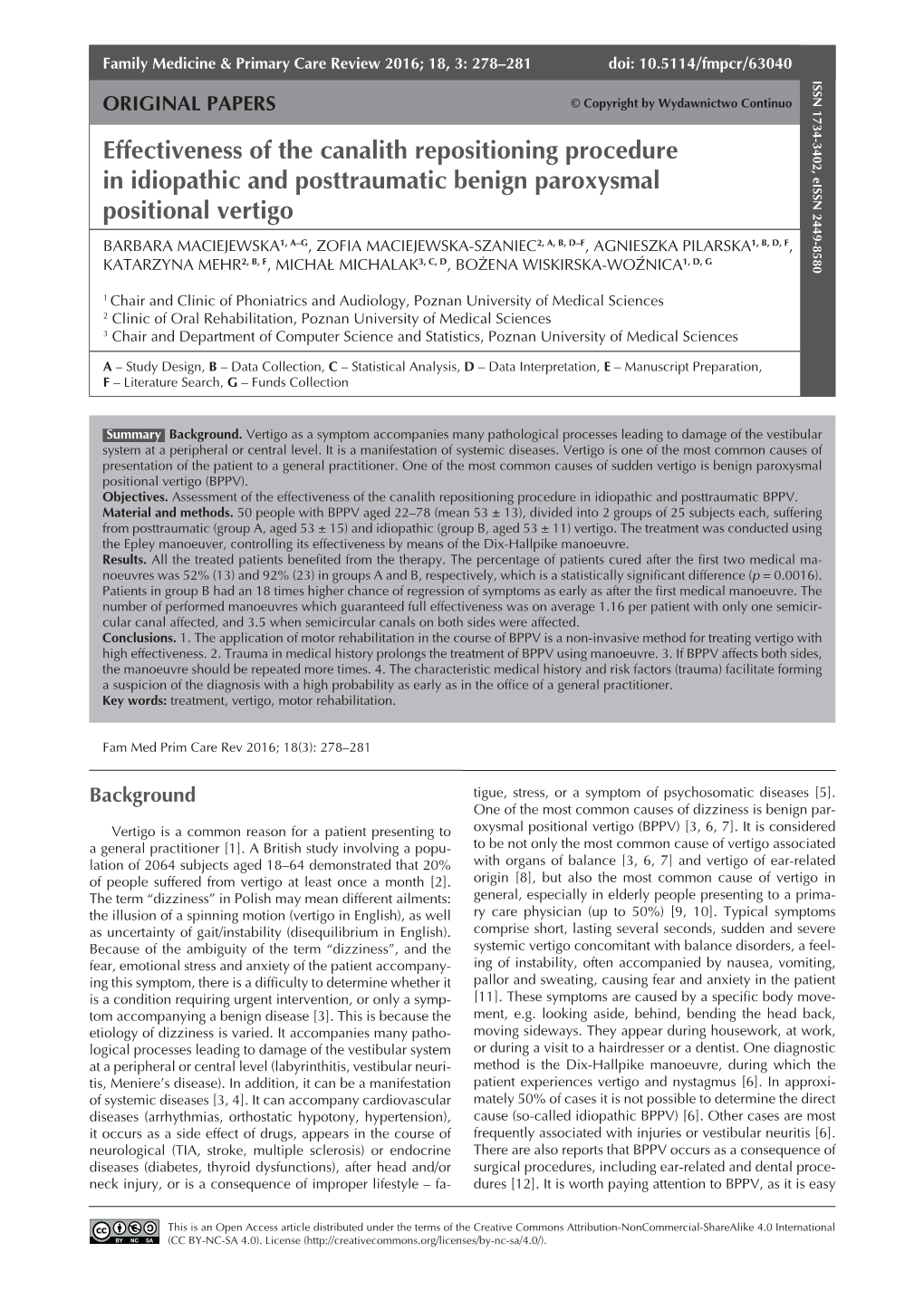 Effectiveness of the Canalith Repositioning Procedure in Idiopathic and Posttraumatic Benign Paroxysmal Positional Vertigo