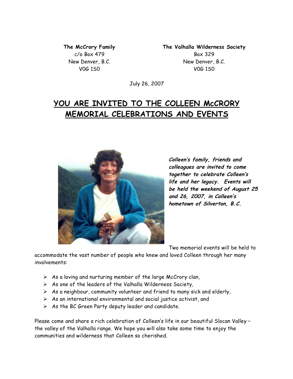 YOU ARE INVITED to the COLLEEN Mccrory MEMORIAL CELEBRATIONS and EVENTS