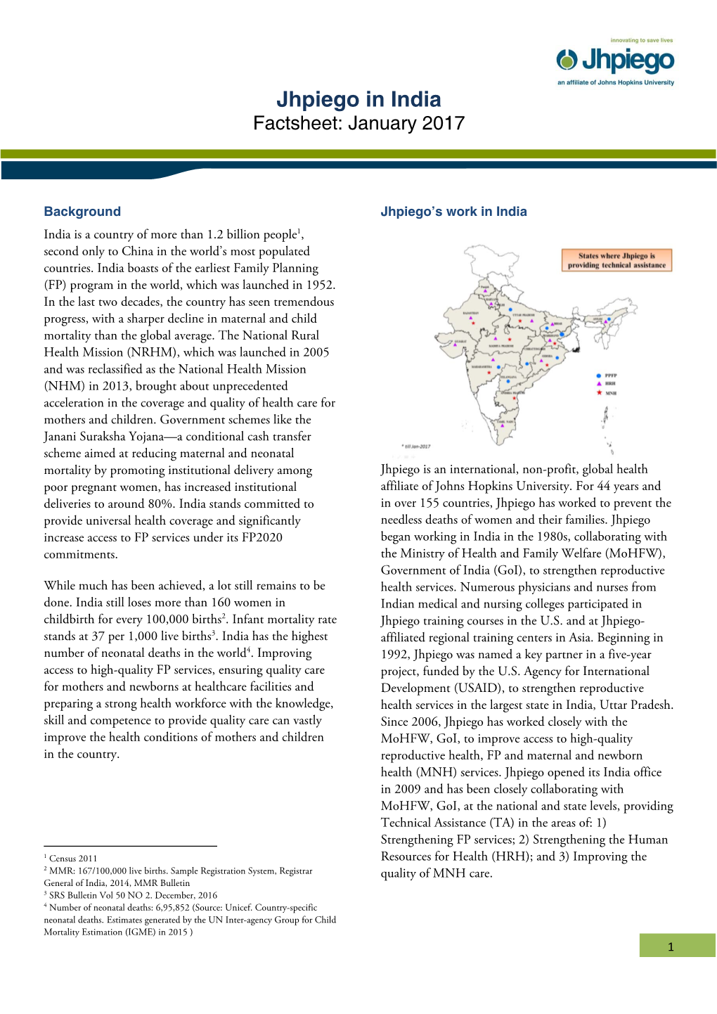 Jhpiego in India Factsheet: January 2017