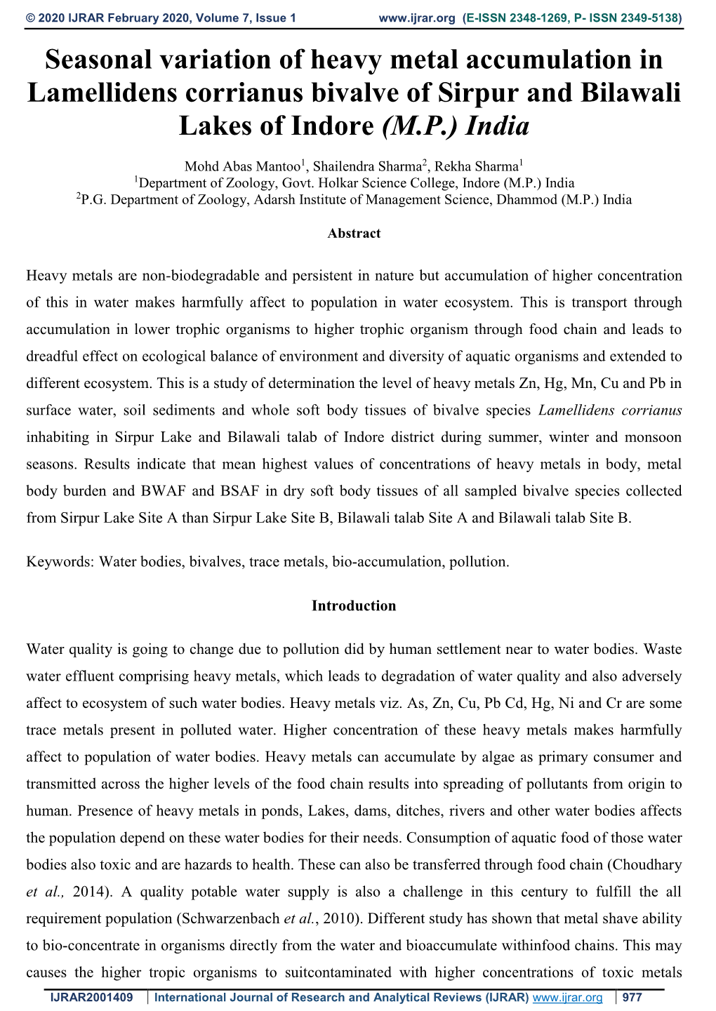 Seasonal Variation of Heavy Metal Accumulation in Lamellidens Corrianus Bivalve of Sirpur and Bilawali Lakes of Indore (M.P.) India