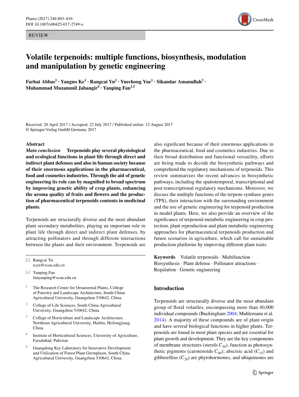 Volatile Terpenoids: Multiple Functions, Biosynthesis, Modulation and Manipulation by Genetic Engineering