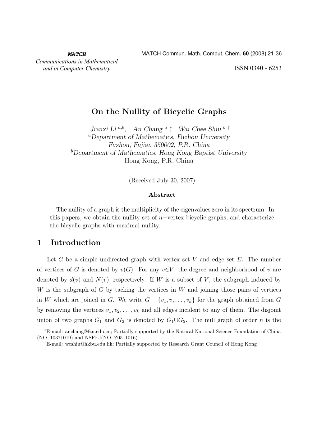 On the Nullity of Bicyclic Graphs 1 Introduction