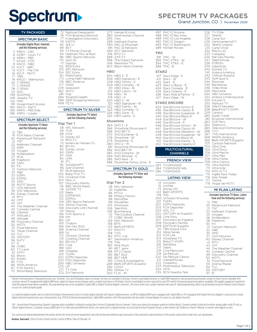 SPECTRUM TV PACKAGES Grand Junction, CO | November 2020