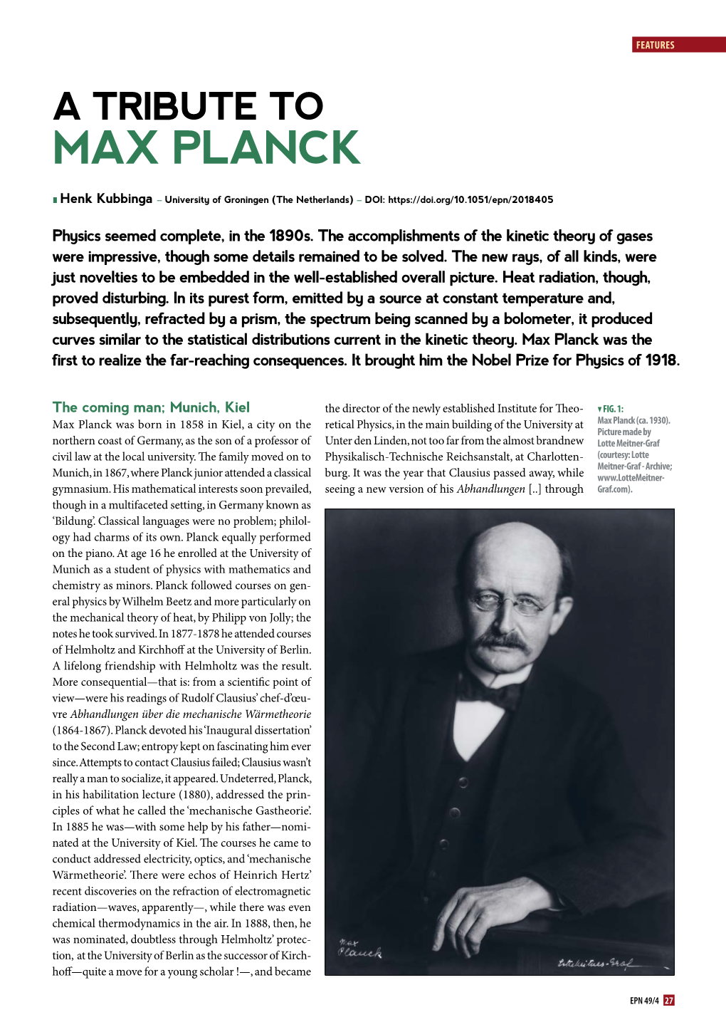 A TRIBUTE to MAX PLANCK Llhenk Kubbinga – University of Groningen (The Netherlands) – DOI