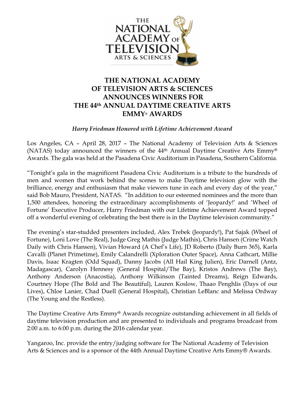 THE NATIONAL ACADEMY of TELEVISION ARTS & SCIENCES ANNOUNCES WINNERS for the 44Th ANNUAL DAYTIME CREATIVE ARTS EMMY® AWARD