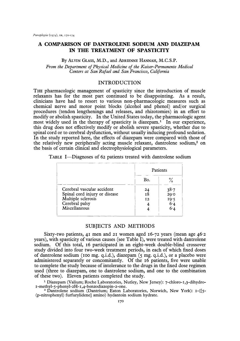 A Comparison of Dantrolene Sodium and Diazepam in the Treatment of Spasticity