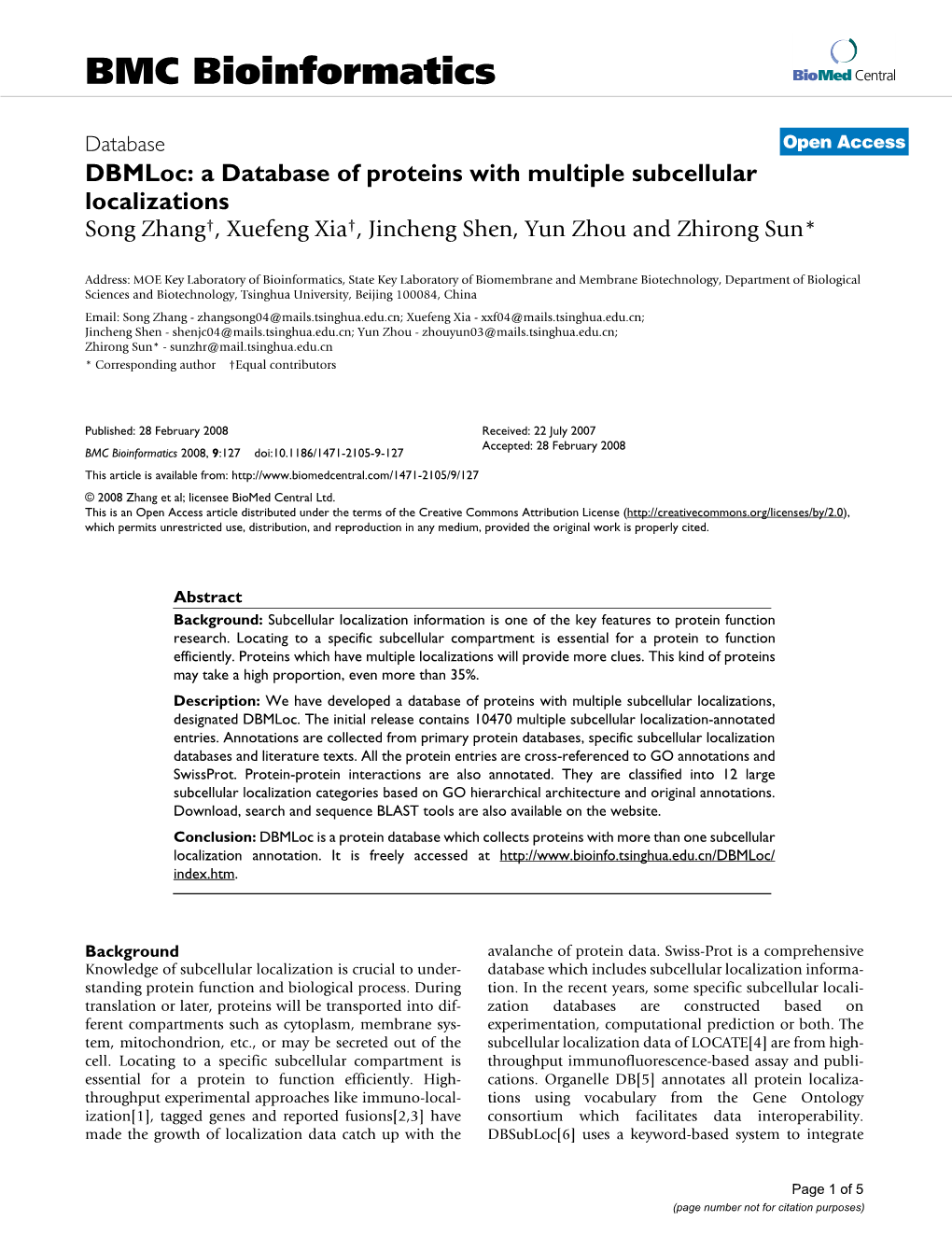 Dbmloc: a Database of Proteins with Multiple Subcellular Localizations Song Zhang†, Xuefeng Xia†, Jincheng Shen, Yun Zhou and Zhirong Sun*