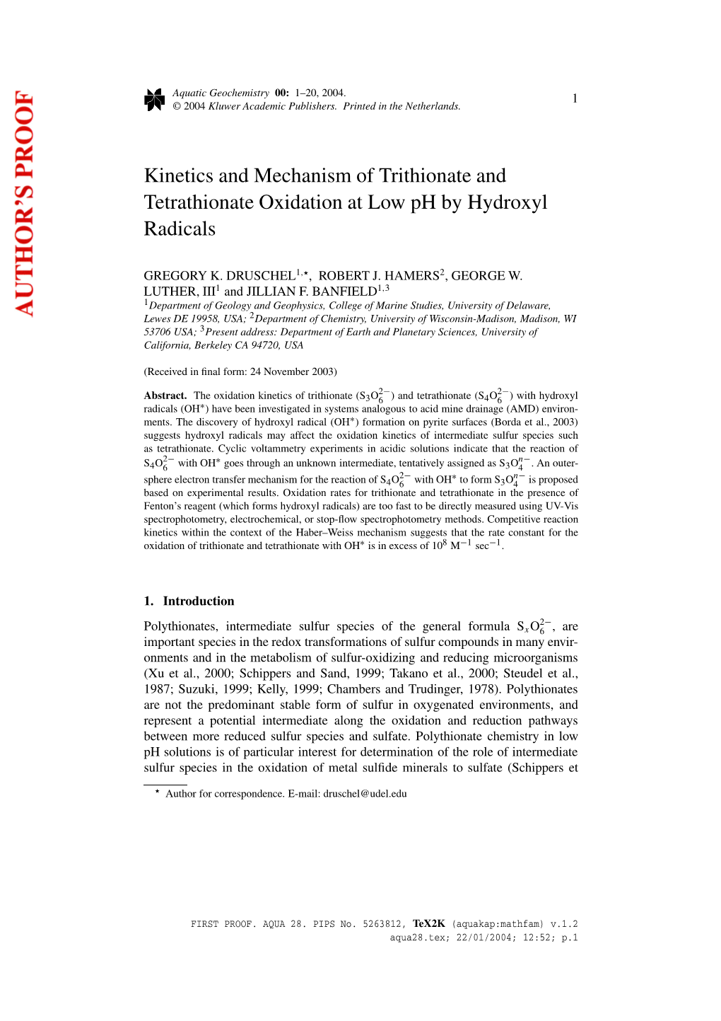 Kinetics and Mechanism of Trithionate and Tetrathionate Oxidation at Low Ph by Hydroxyl Radicals