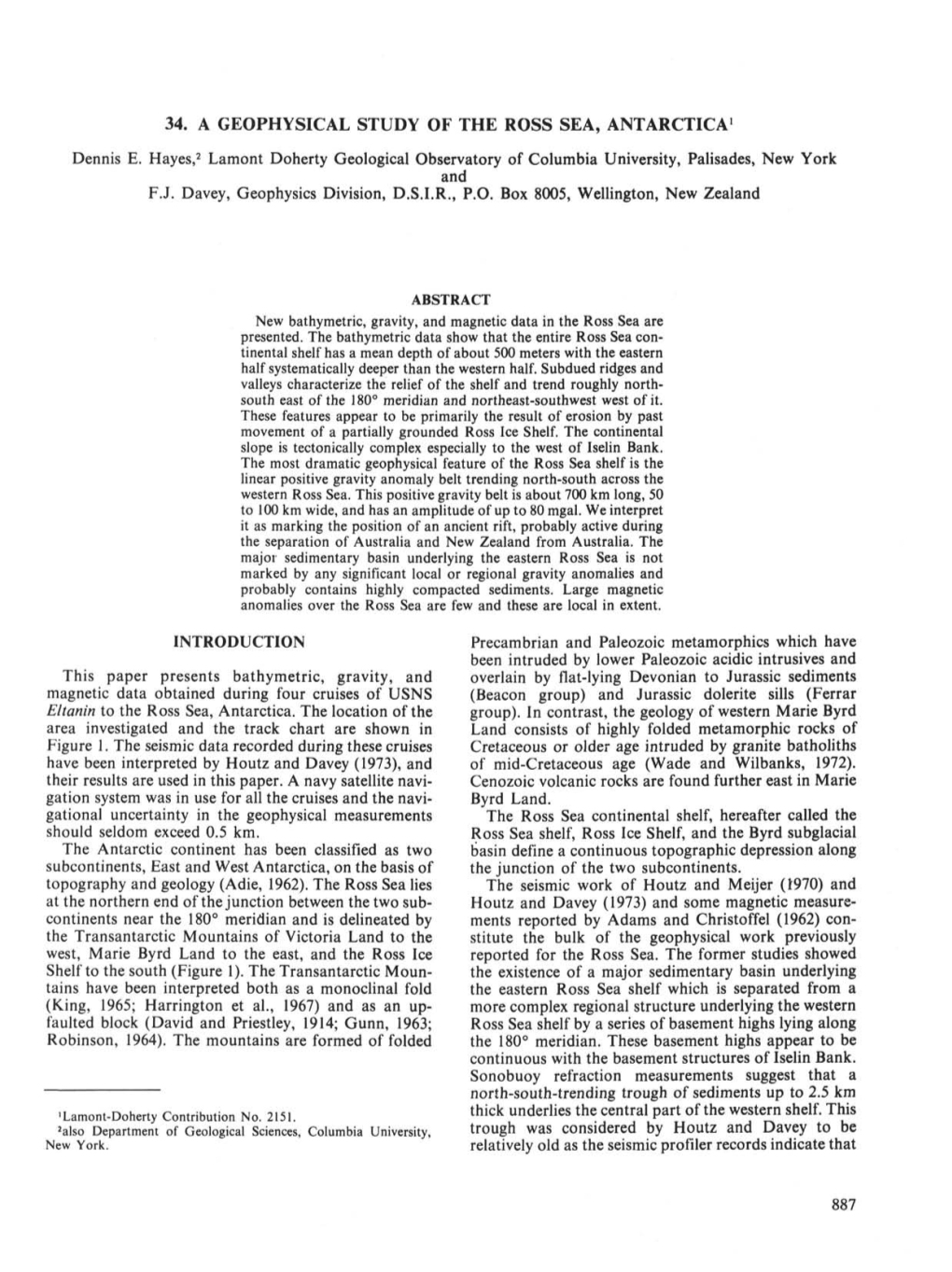 34. a GEOPHYSICAL STUDY of the ROSS SEA, ANTARCTICA1 Dennis E