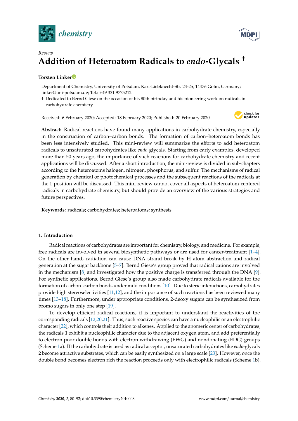 Addition of Heteroatom Radicals to Endo-Glycals