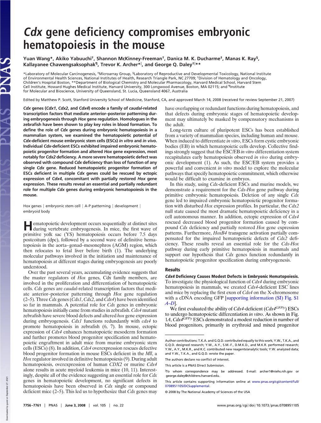 Cdx Gene Deficiency Compromises Embryonic Hematopoiesis in the Mouse