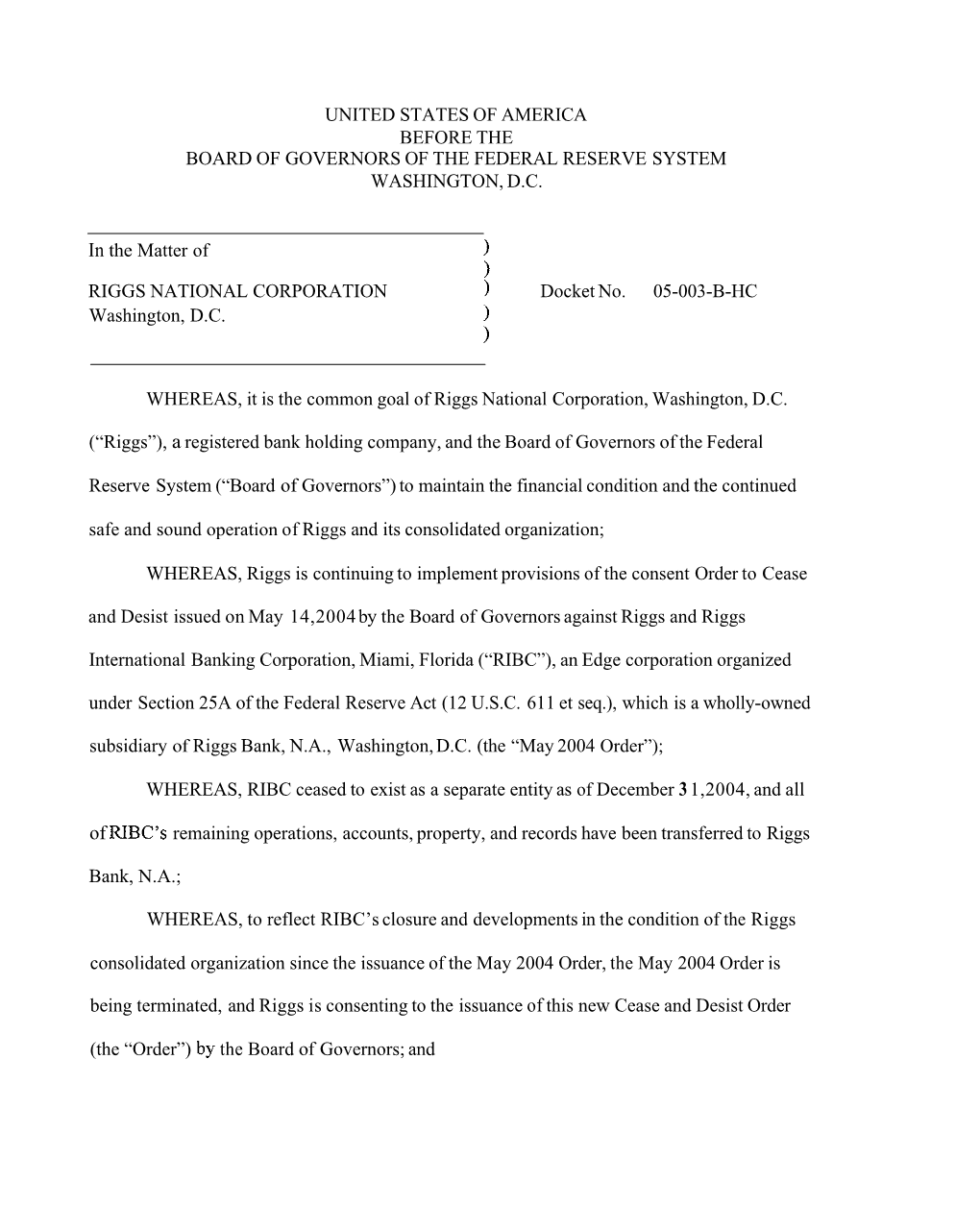 Consent Order to Cease and Desist Against Riggs National Corp. and Riggs International Banking Corp.--January 27, 2005