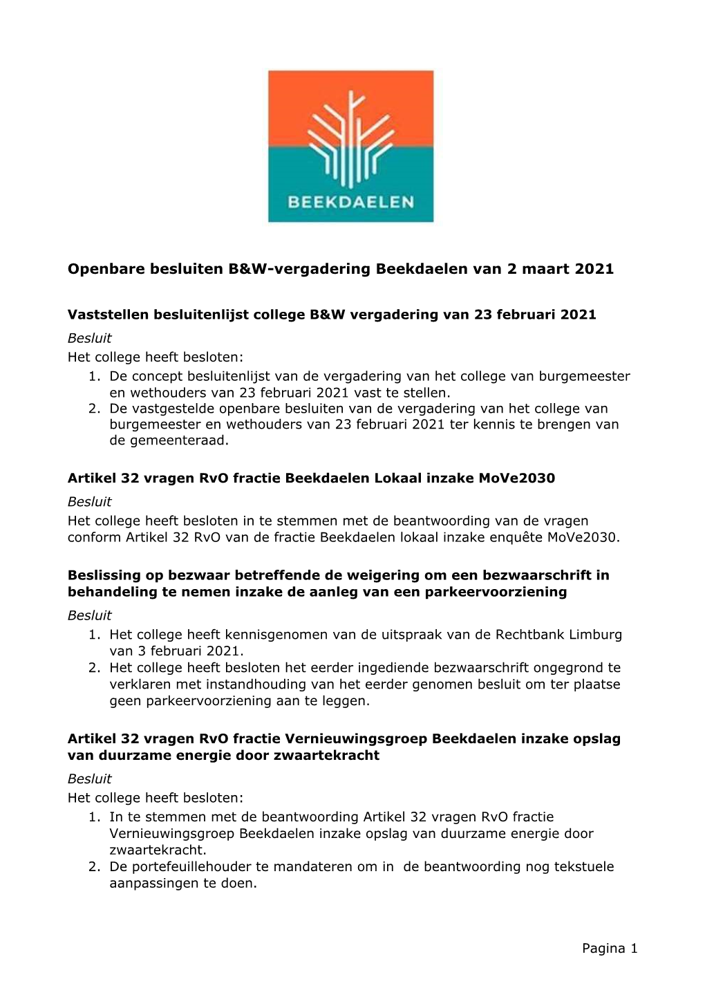 Openbare Besluiten College B&W-Vergadering 2 Maart 2021