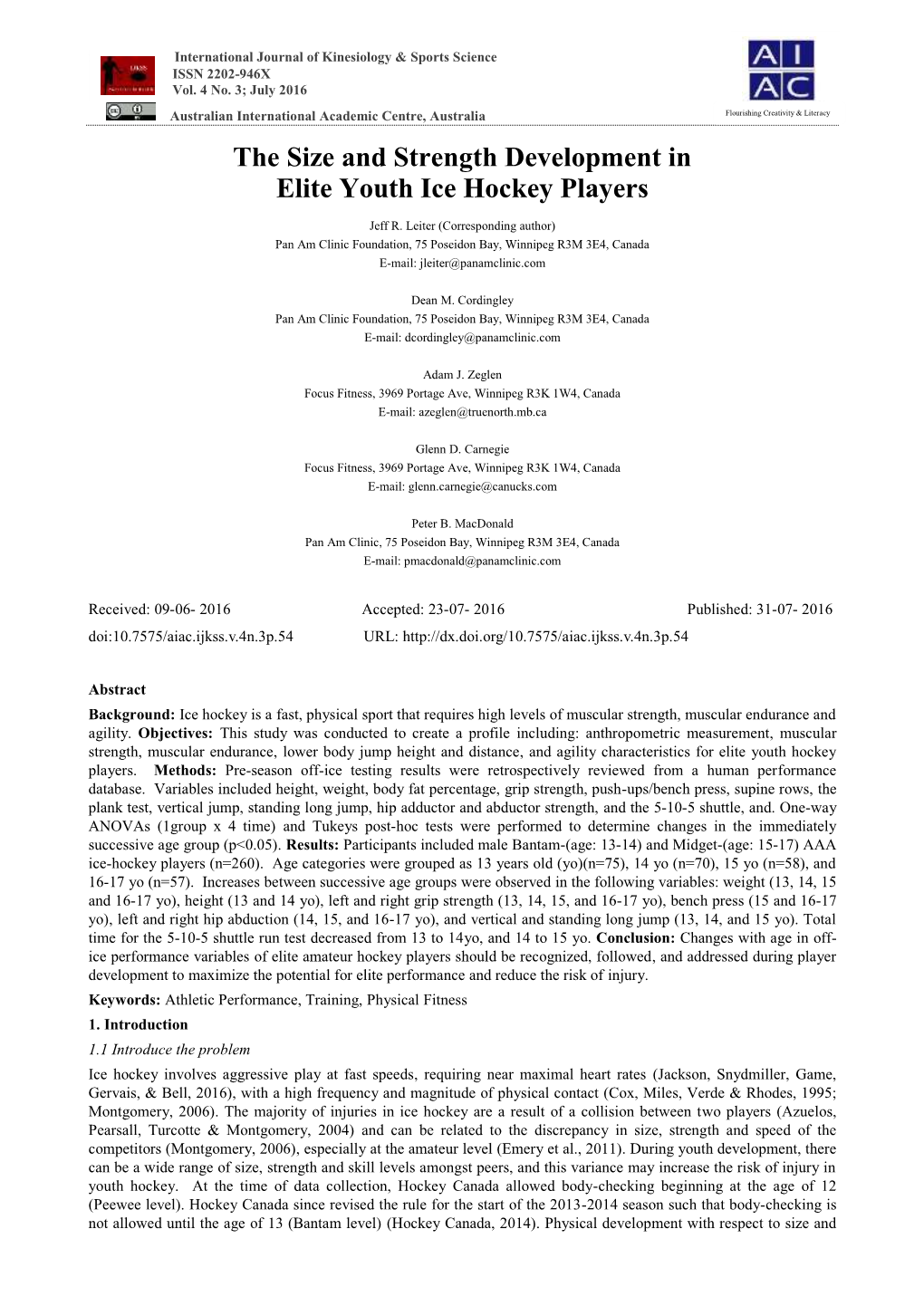 The Size and Strength Development in Elite Youth Ice Hockey Players