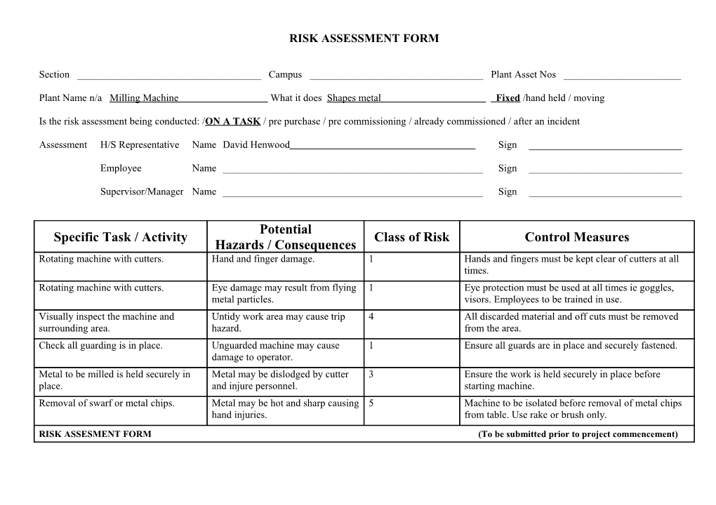 Risk Assessment Form