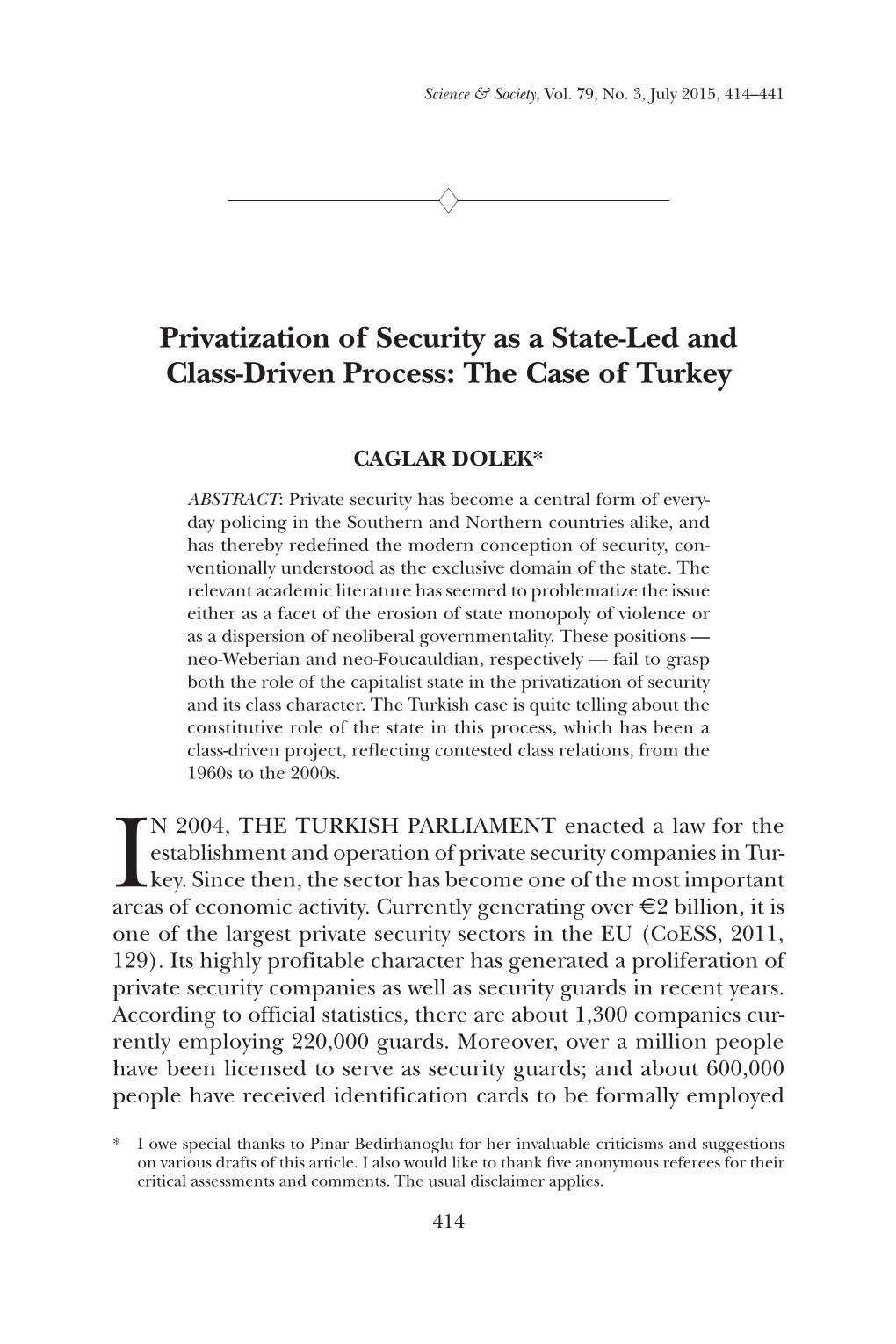 Privatization of Security As a State-Led and Class-Driven Process: the Case of Turkey
