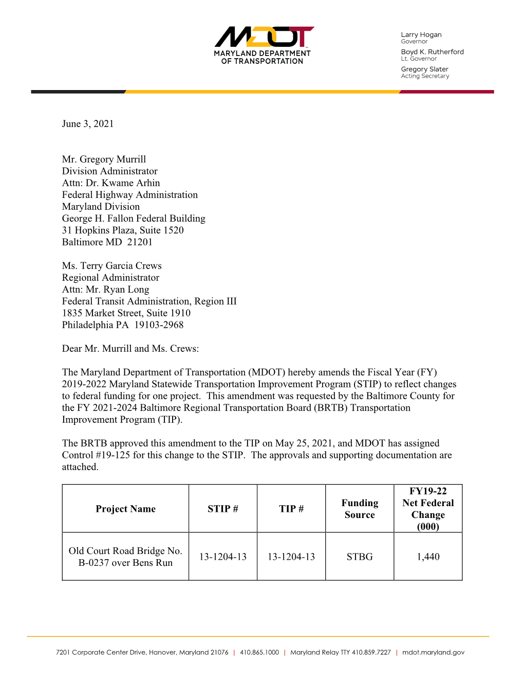 June 3, 2021 Mr. Gregory Murrill Division Administrator Attn