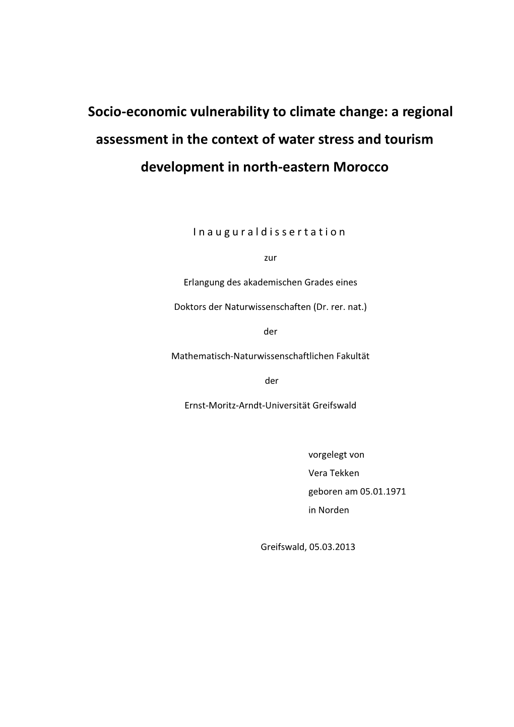 Socio-Economic Vulnerability to Climate Change: a Regional Assessment in the Context of Water Stress and Tourism Development in North-Eastern Morocco