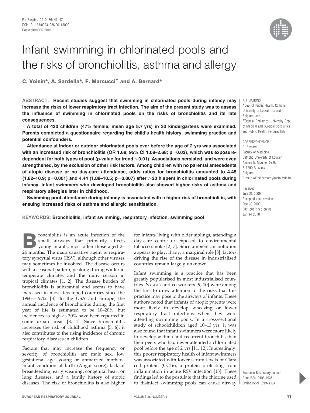 Infant Swimming in Chlorinated Pools and the Risks of Bronchiolitis, Asthma and Allergy