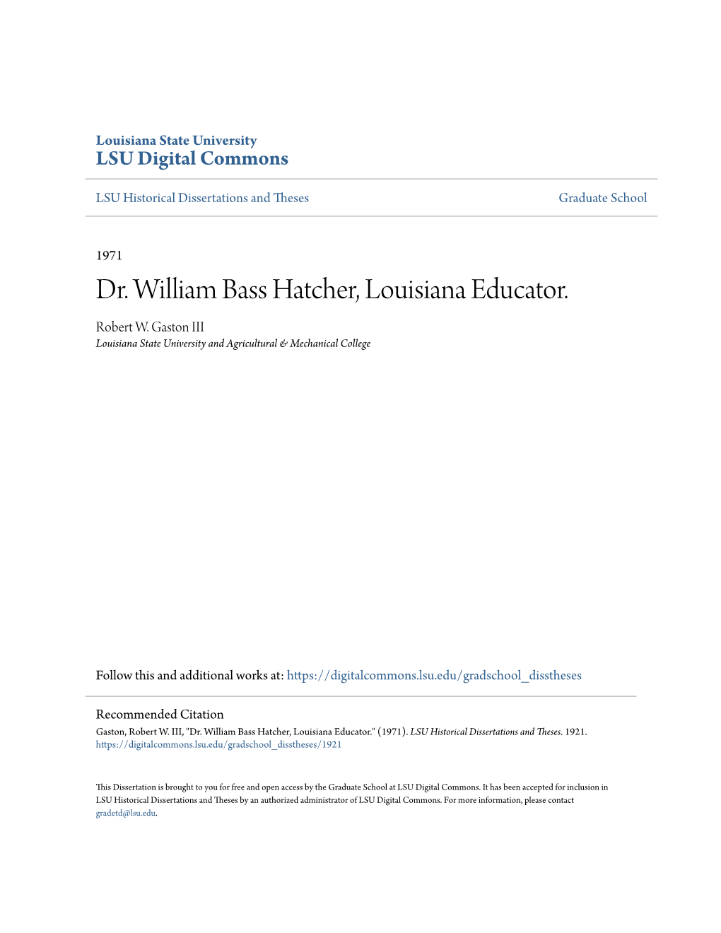Dr. William Bass Hatcher, Louisiana Educator. Robert W