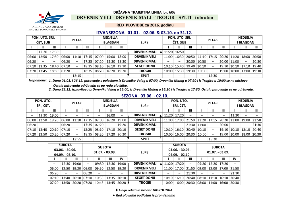 DRVENIK VELI - DRVENIK MALI - TROGIR - SPLIT I Obratno RED PLOVIDBE Za 2016