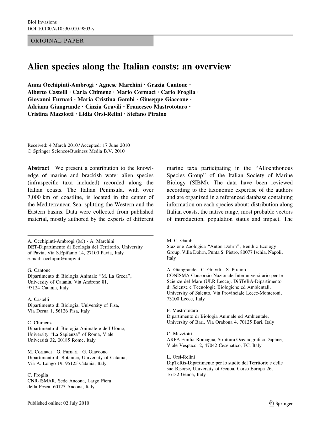 Alien Species Along the Italian Coasts: an Overview