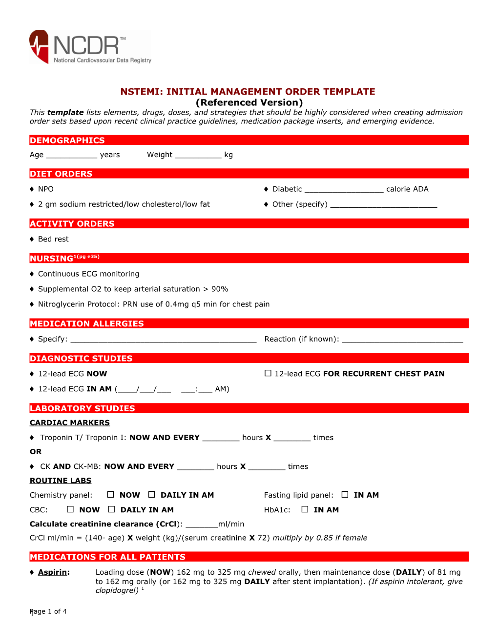 Nstemi: Initial Management Order Template