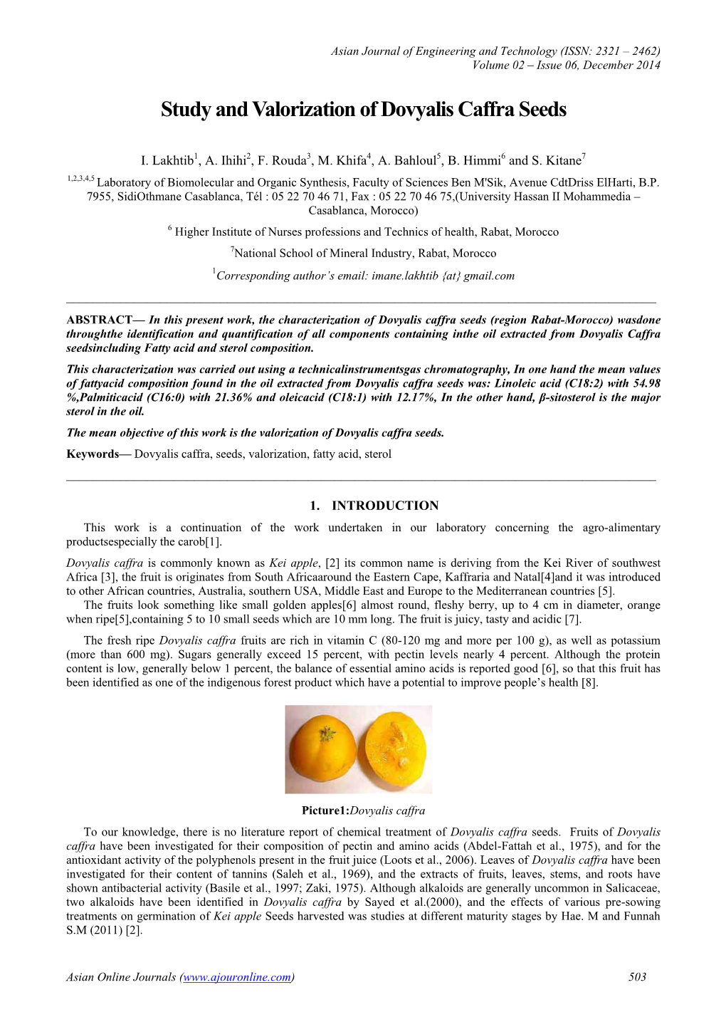 Study and Valorization of Dovyalis Caffra Seeds