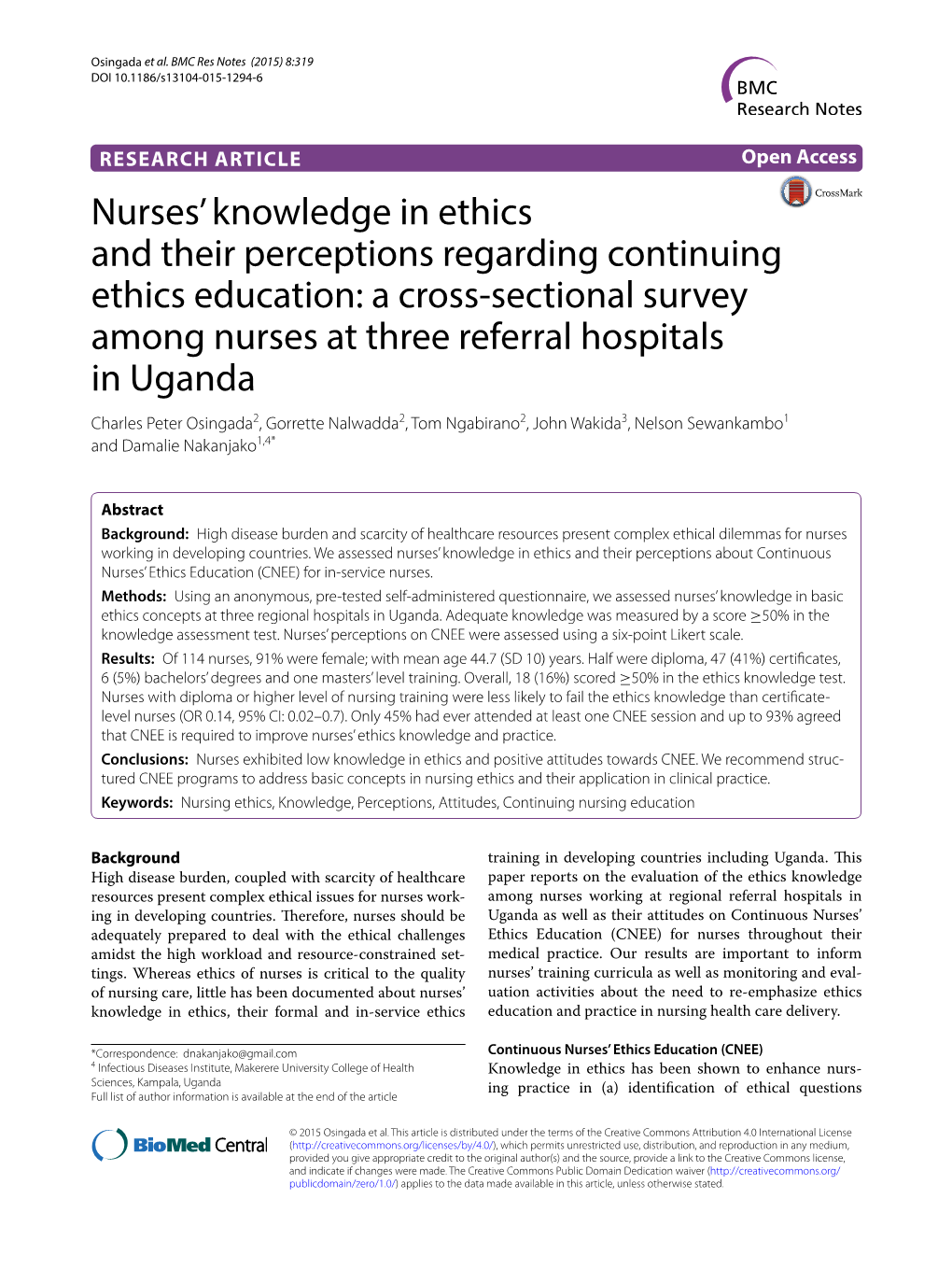 Nurses' Knowledge in Ethics and Their Perceptions Regarding Continuing