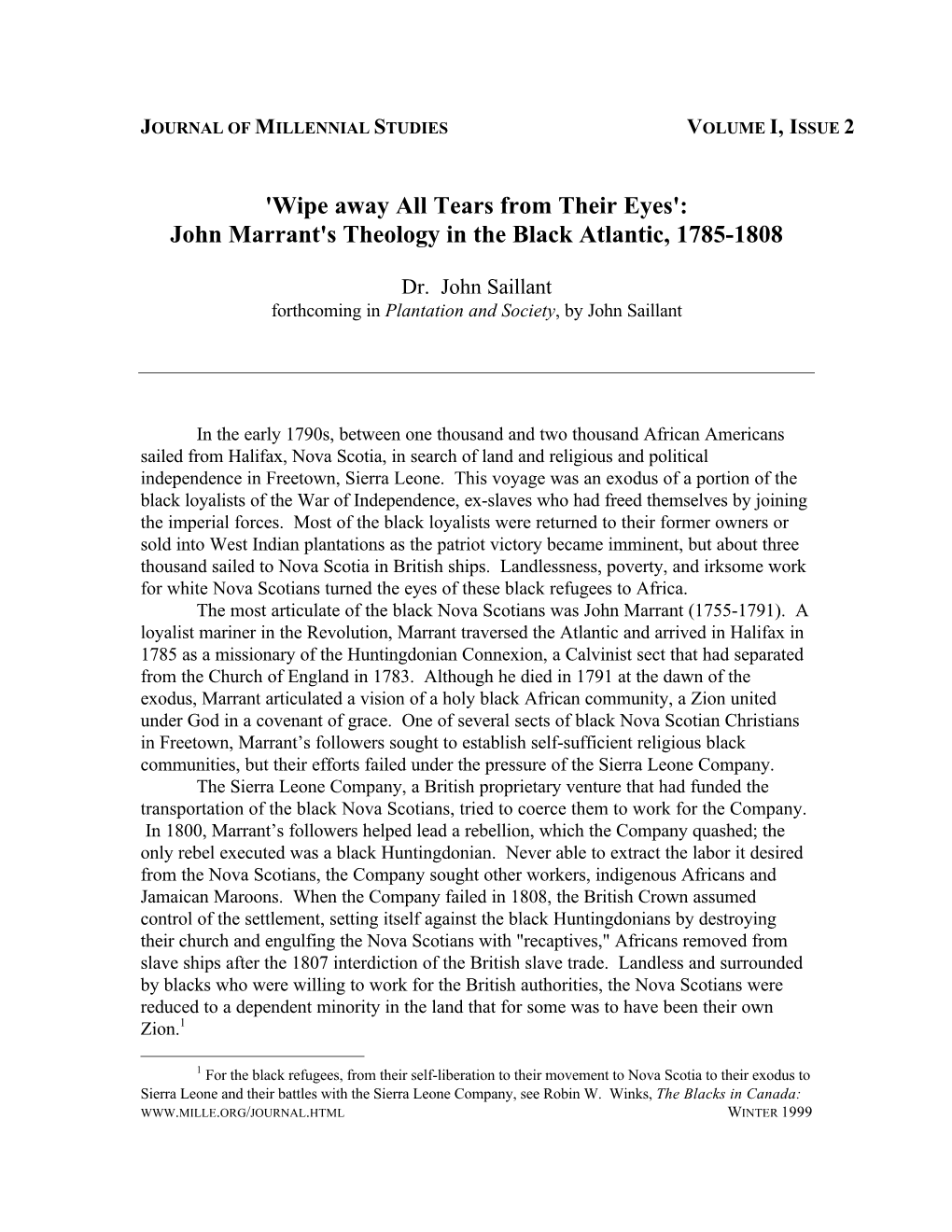 John Marrant's Theology in the Black Atlantic, 1785-1808