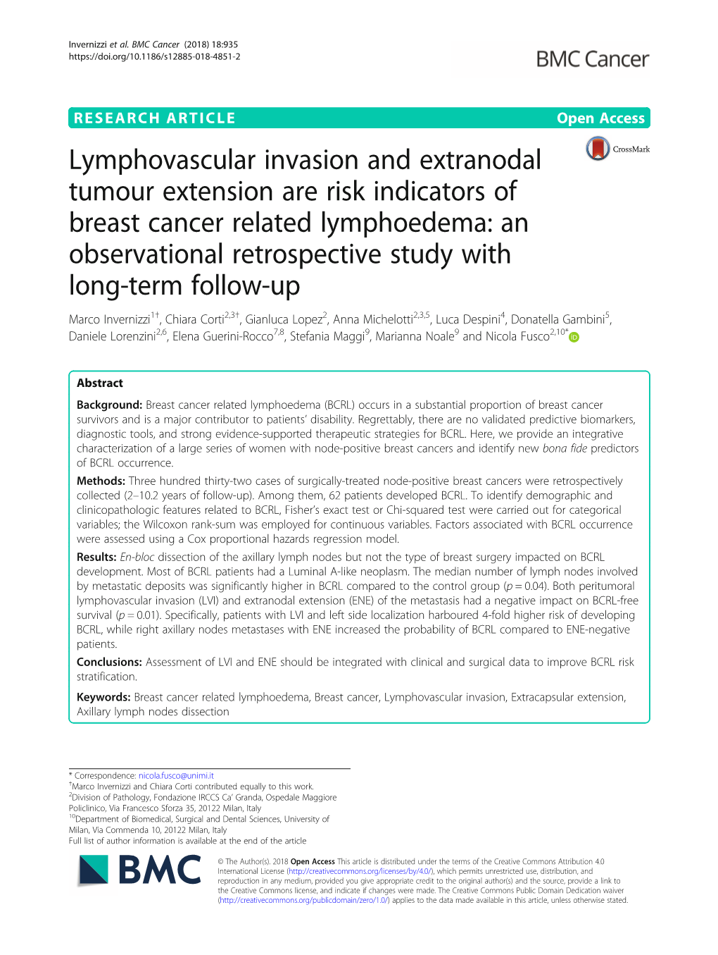Lymphovascular Invasion and Extranodal Tumour Extension Are Risk Indicators of Breast Cancer Related Lymphoedema: an Observation