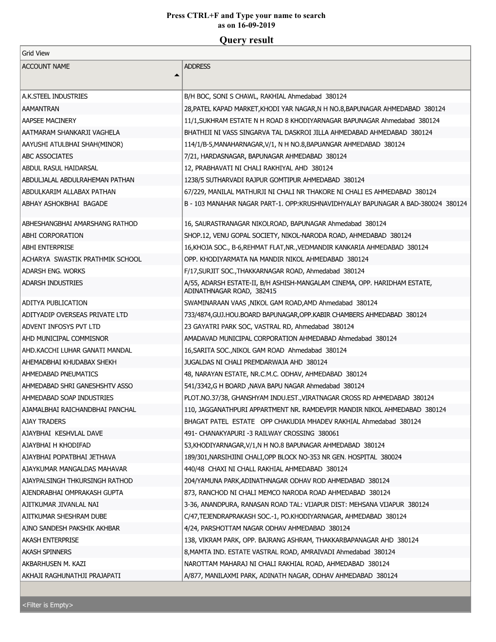 Query Result Grid View ACCOUNT NAME ADDRESS T