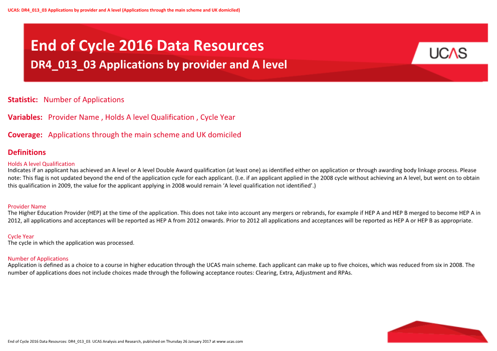 End of Cycle 2016 Data Resources DR4 013 03 Applications by Provider and a Level