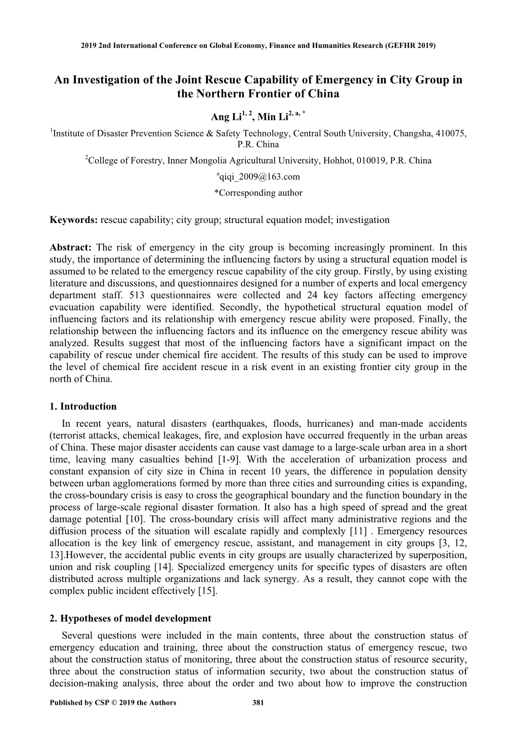 An Investigation of the Joint Rescue Capability of Emergency in City Group in the Northern Frontier of China