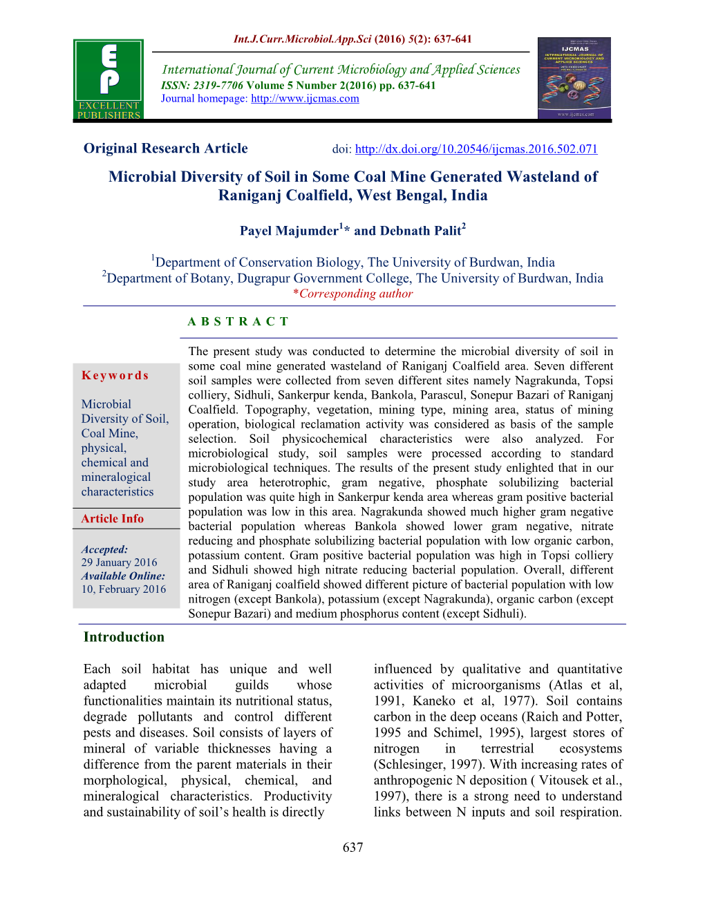 Microbial Diversity of Soil in Some Coal Mine Generated Wasteland of Raniganj Coalfield, West Bengal, India