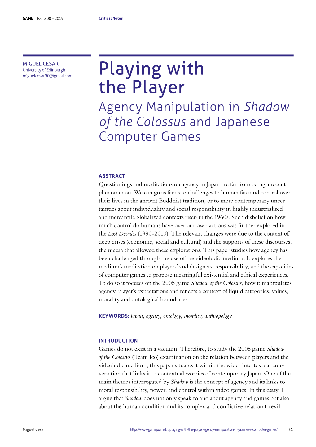 Playing with the Player Agency Manipulation in Shadow of the Colossus and Japanese Computer Games