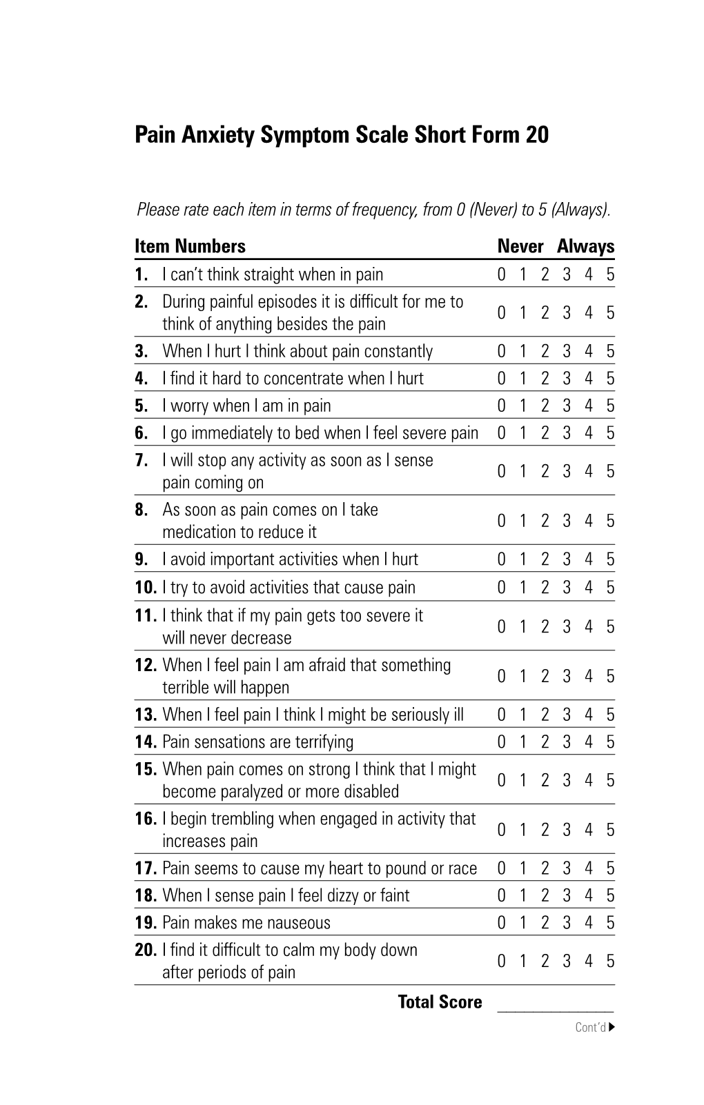 Pain Anxiety Symptom Scale Short Form 20