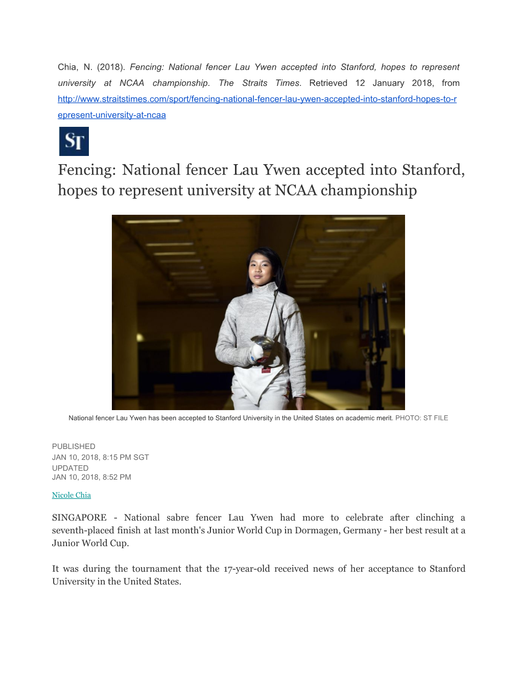 Fencing: National Fencer Lau Ywen Accepted Into Stanford, Hopes to Represent University at NCAA Championship