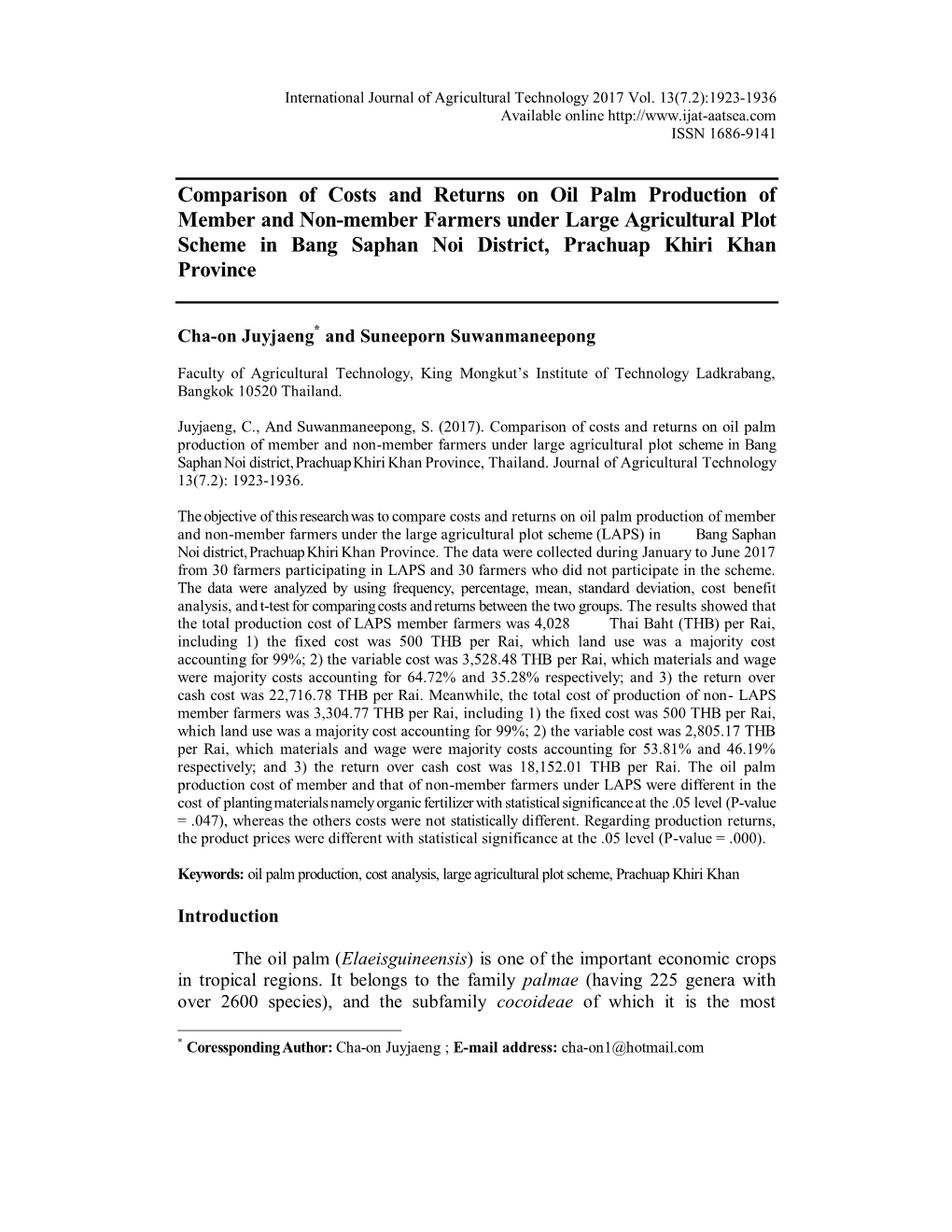 Comparison of Costs and Returns on Oil Palm