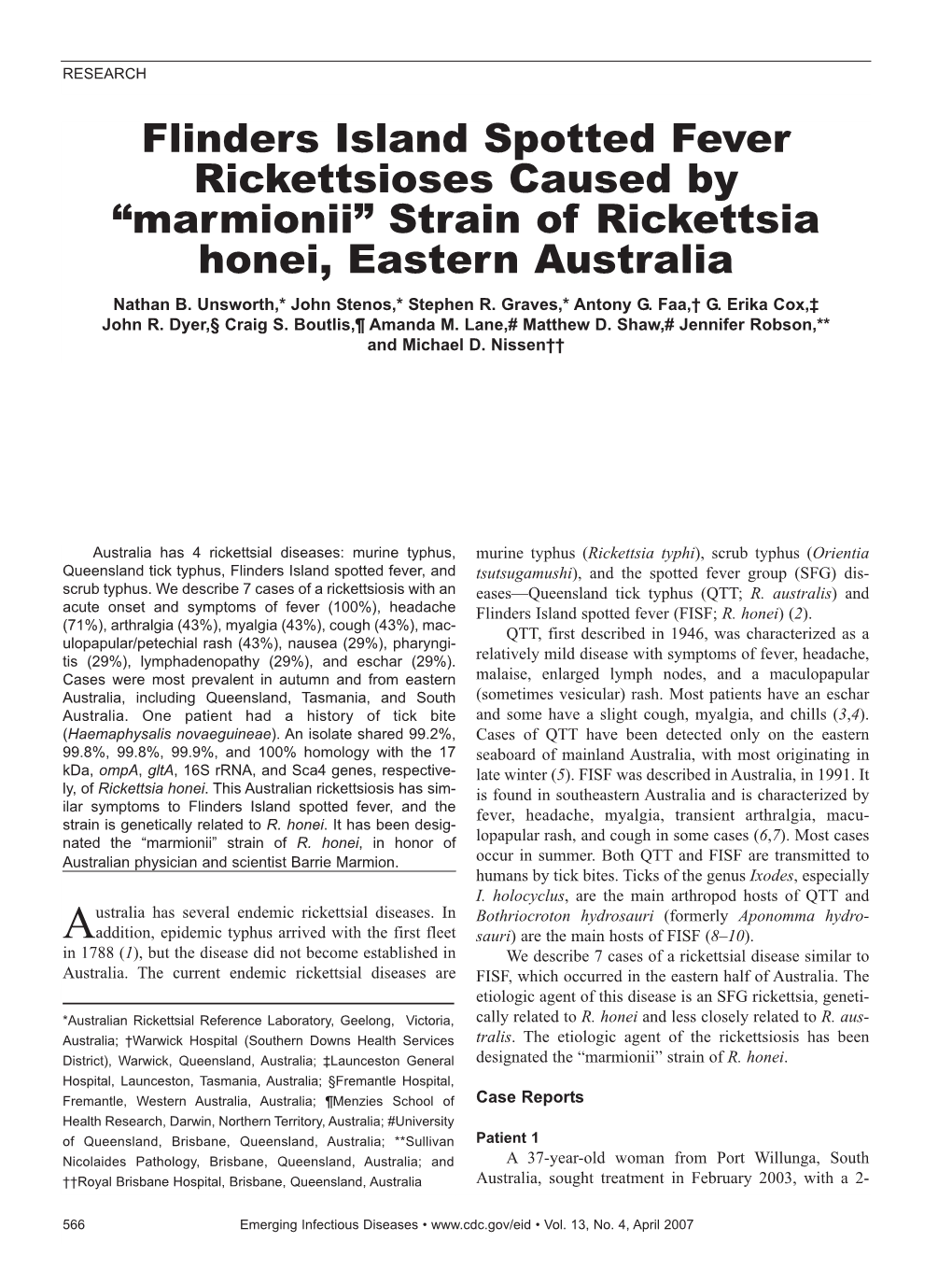 Flinders Island Spotted Fever Rickettsioses Caused by “Marmionii” Strain of Rickettsia Honei, Eastern Australia Nathan B