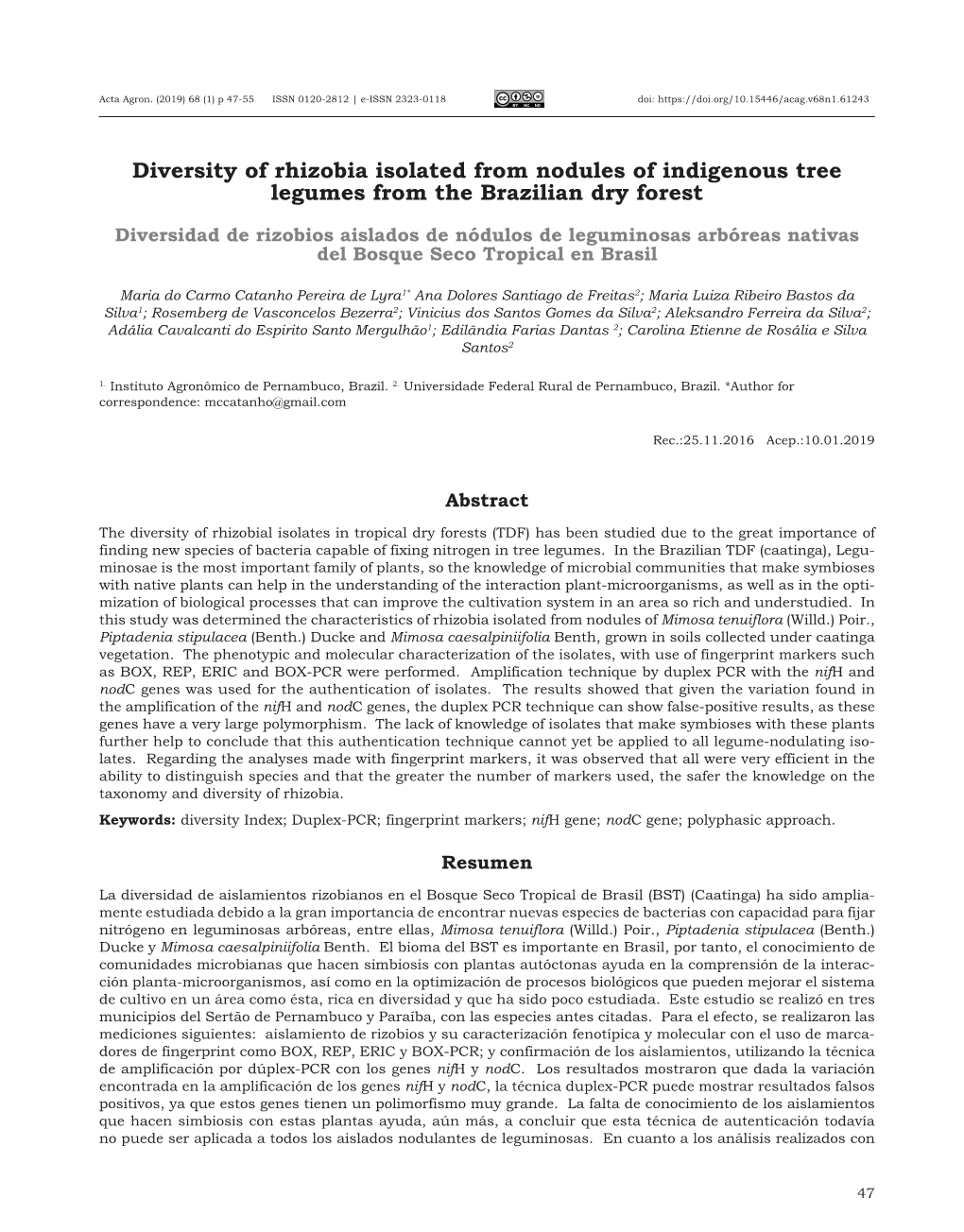 Diversity of Rhizobia Isolated from Nodules of Indigenous Tree Legumes from the Brazilian Dry Forest