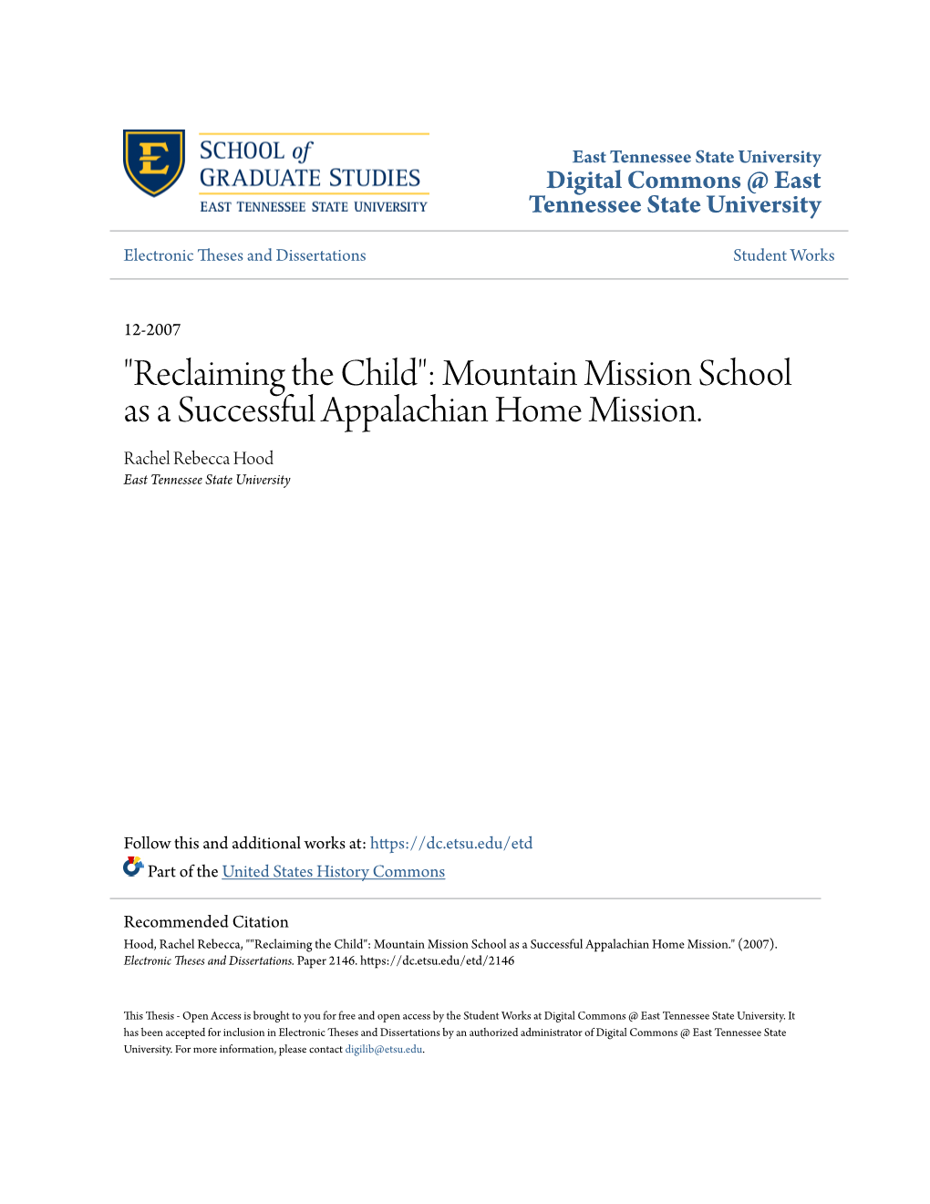 "Reclaiming the Child": Mountain Mission School As a Successful Appalachian Home Mission