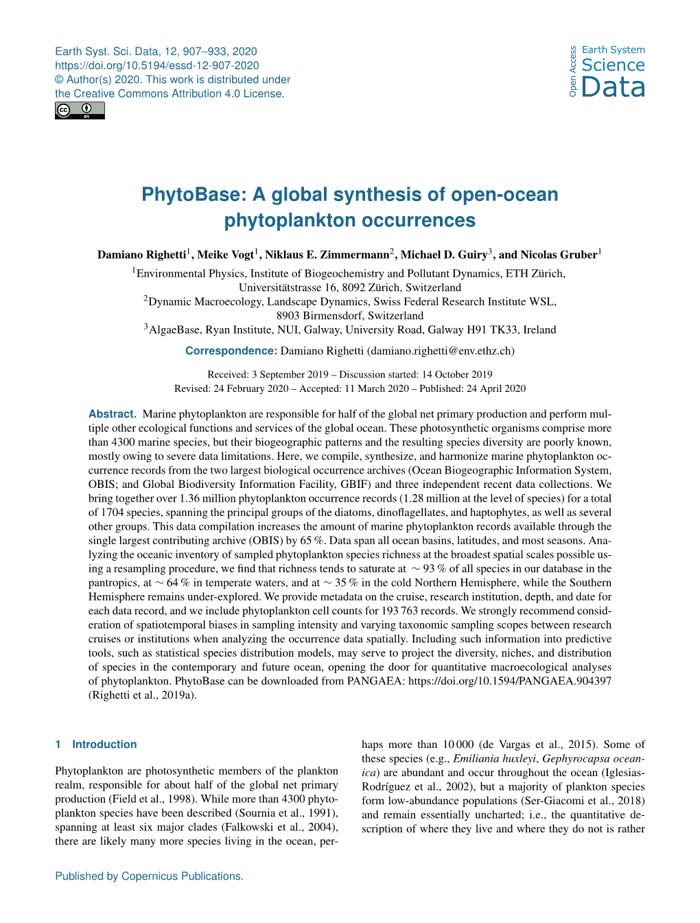 Phytobase: a Global Synthesis of Open-Ocean Phytoplankton Occurrences