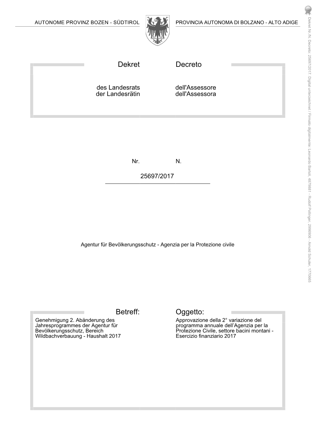 Programma Annuale Dell'agenzia Per La Protezione Civile, Settore Bacini Montani 2017