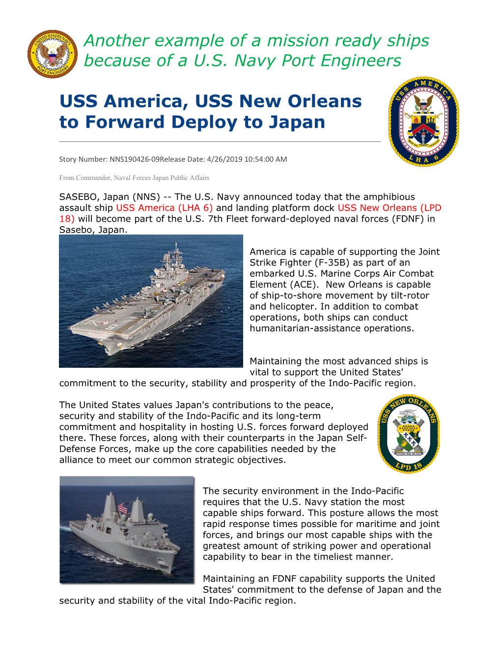 USS America, USS New Orleans to Forward Deploy to Japan
