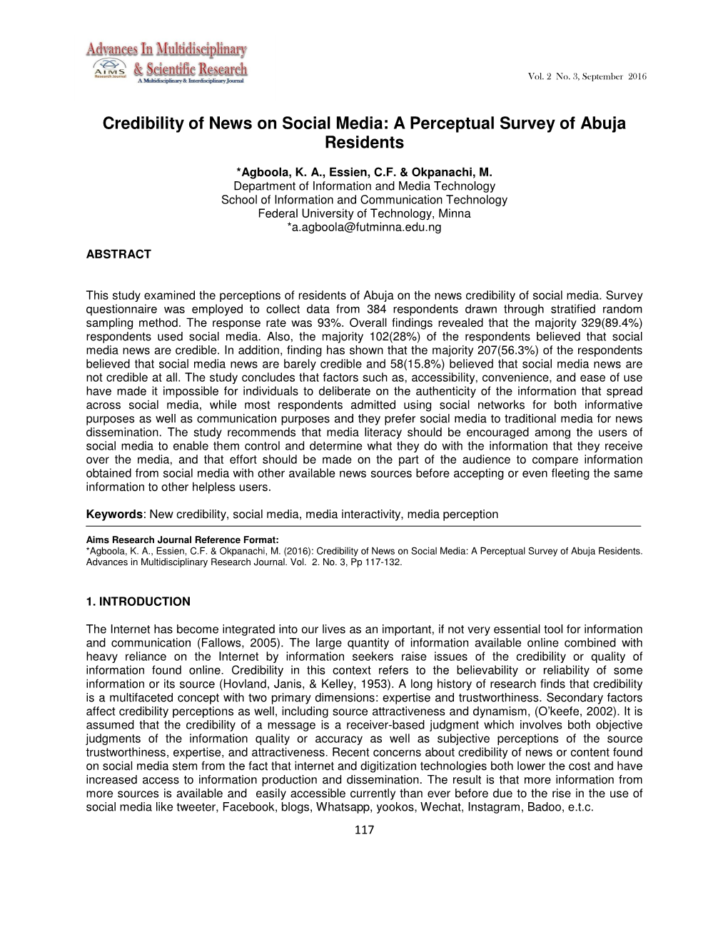 Credibility of News on Social Media: a Perceptual Survey of Abuja Residents