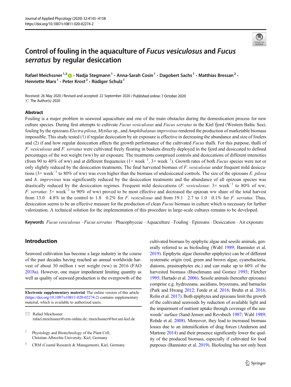 Control of Fouling in the Aquaculture of Fucus Vesiculosus and Fucus Serratus by Regular Desiccation