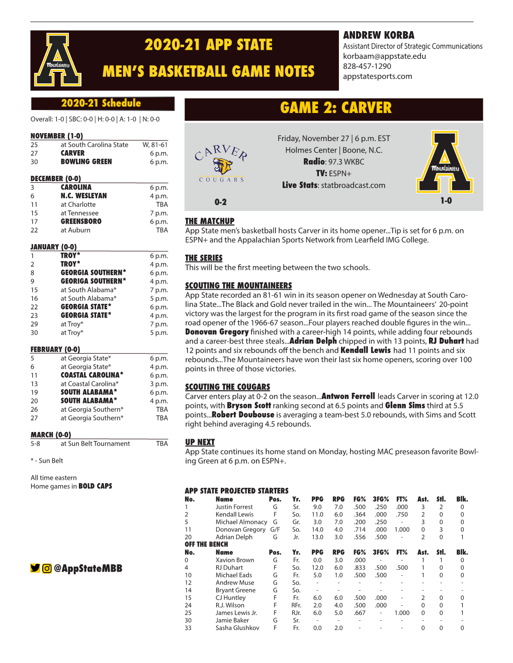 2020-21 App State Men's Basketball Game Notes